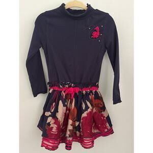 Eliane et Lena Paris Dress Floral Navy Pink Bold Mock High Neck Euro Girls 20